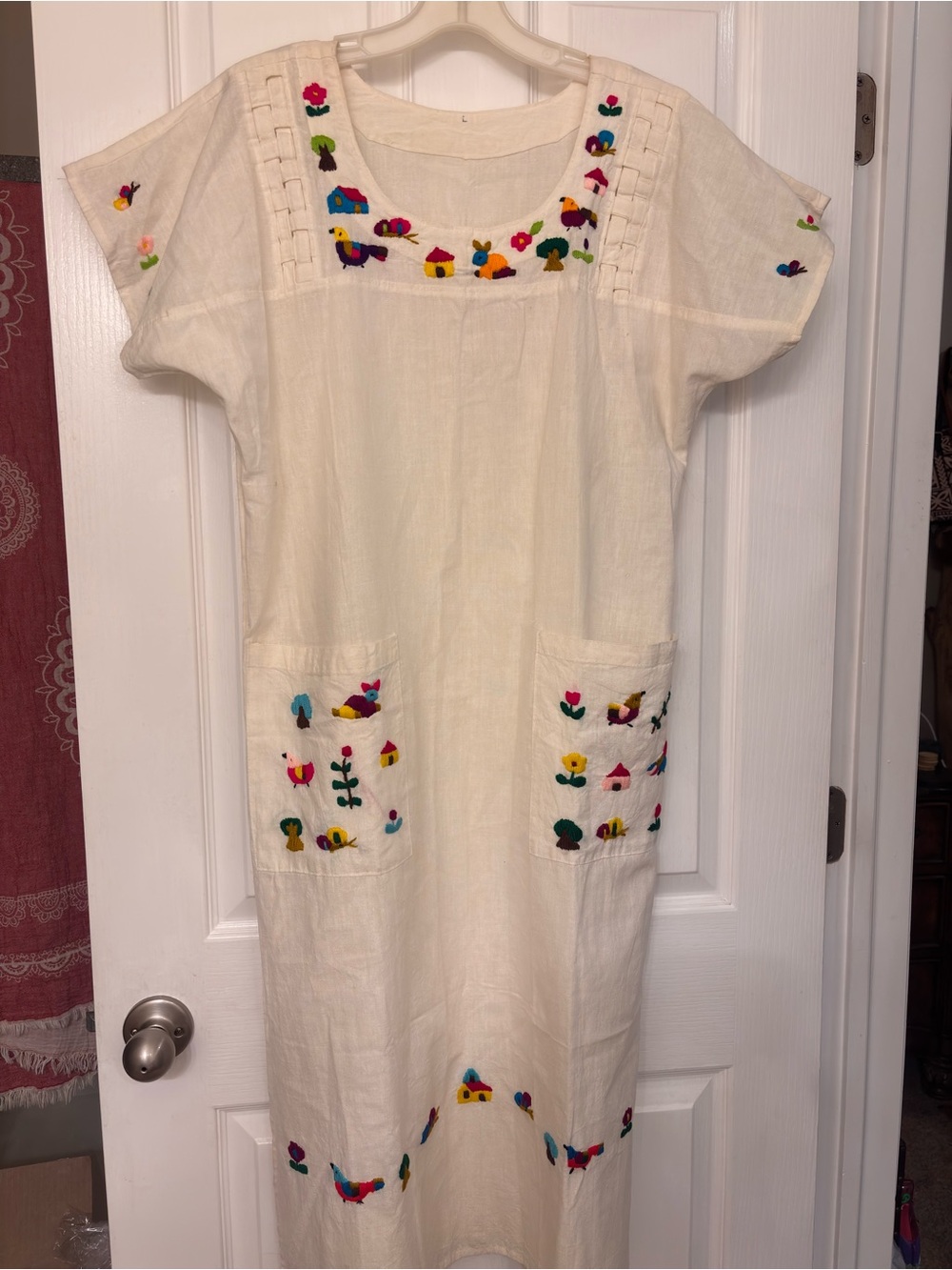 El Salvador Cream Embroidered Cotton Dress with Colorful Floral Accents